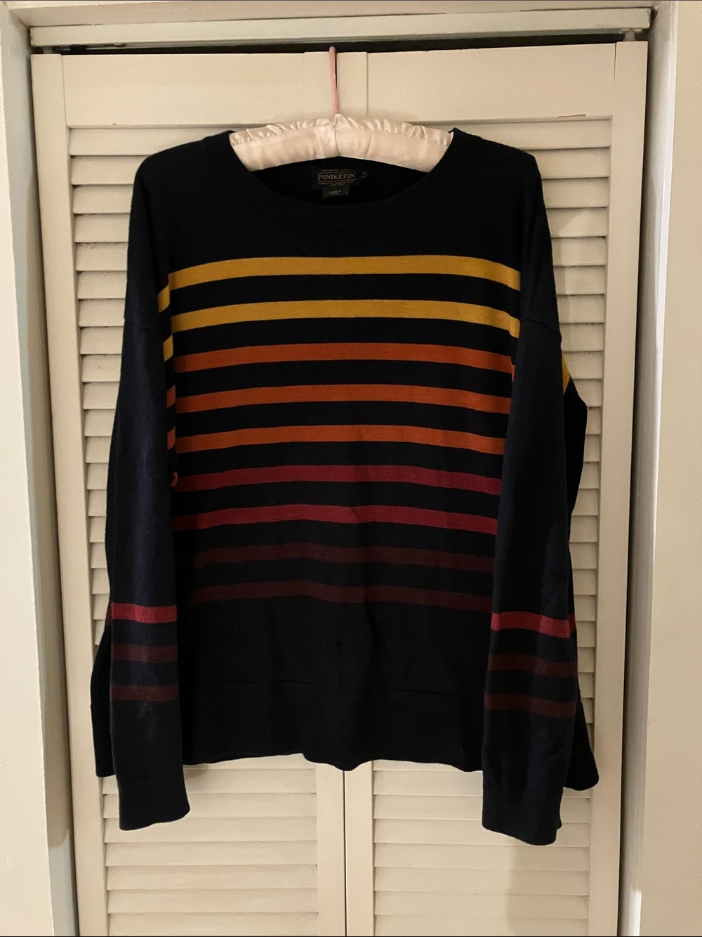 Pendleton Woolen Mills Navy Striped Wool Sweater Size Large Damaged